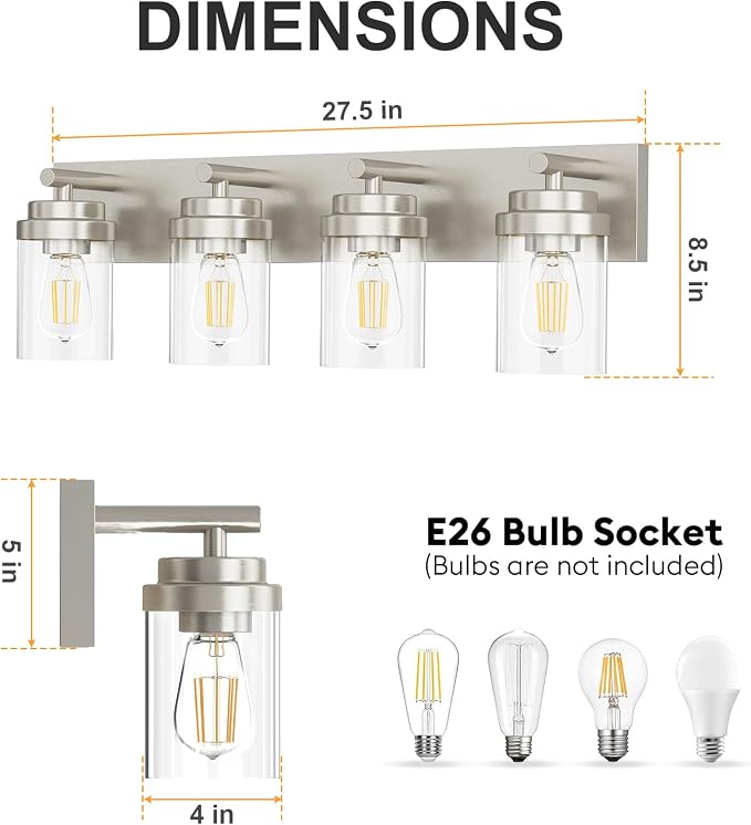 IZORRO Bathroom Vanity Light Fixture, 4-Light 27.5 Inch Brushed Nickel Bathroom - Image 2