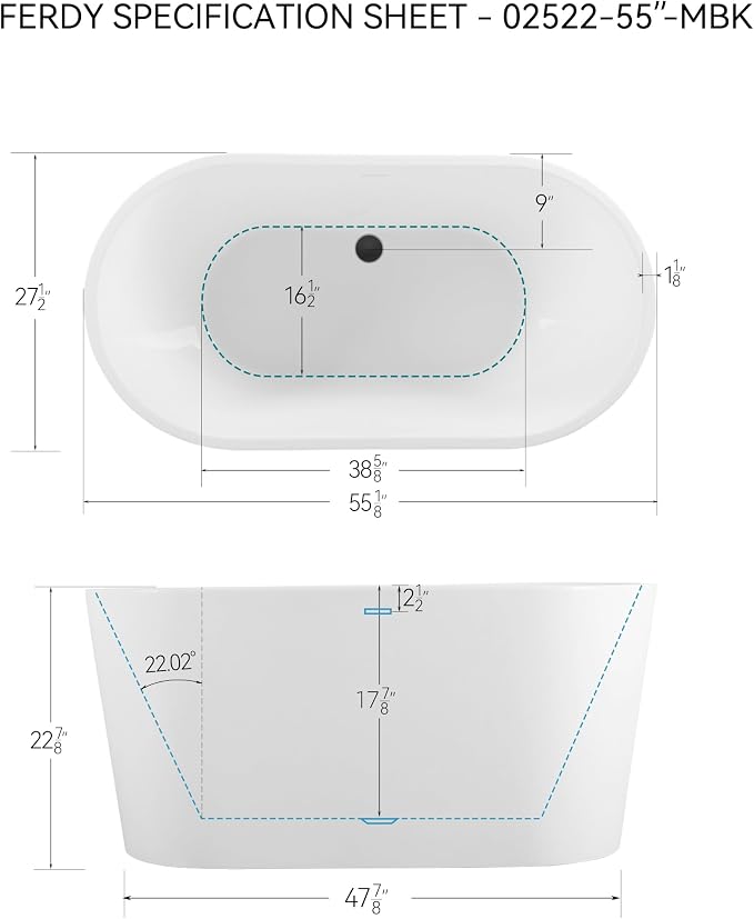 FerdY Shangri-La 55" Acrylic Freestanding Bathtub, Ergonomic Lightweight - Image 7