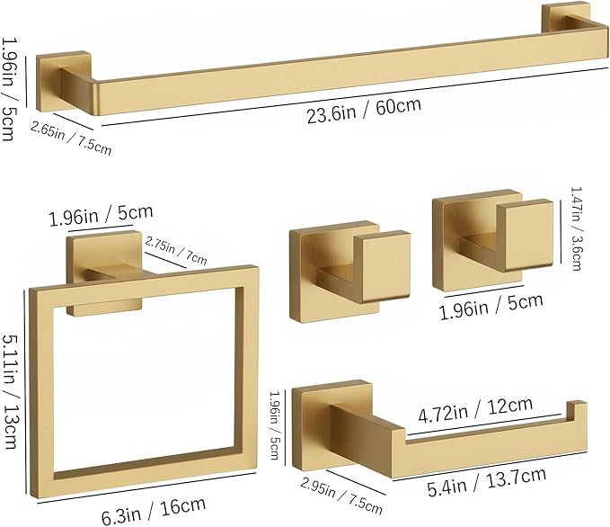 5-Piece Brushed Gold Bathroom Accessories Set – 23.6" Towel Bar, Towel Ring - Image 2