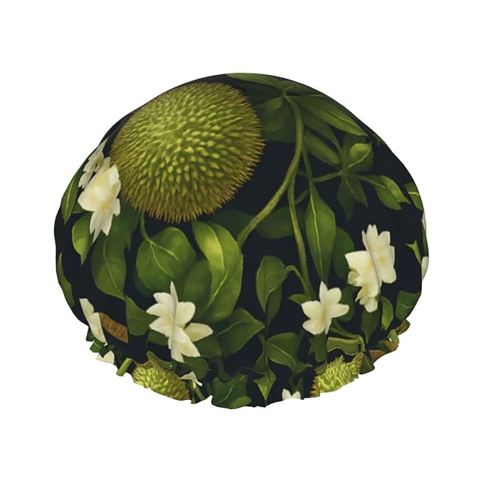 Durian and Floral Shower Cap for Women Reusable Waterproof Stylish Bath Hat by ZEYARUIBO