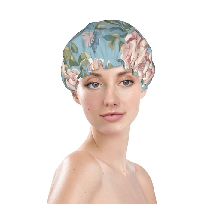 Elegant Peony Shower Cap for Women Reusable Waterproof Stylish Bath Hat Hair - Image 3