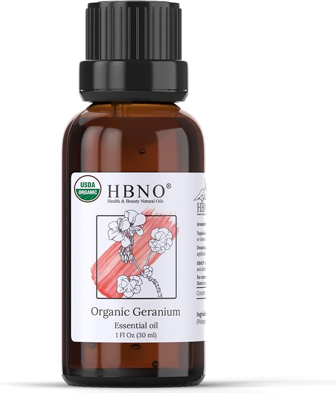 HBNO Organic Geranium Essential Oil - 1 oz - USDA Certified Organic Geranium by HBNO