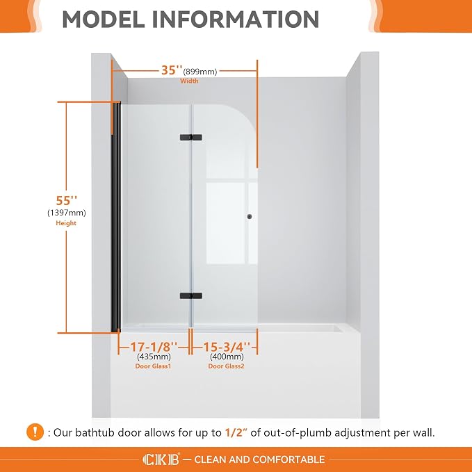 CKB Pivot Tub Shower Door, 35“ W × 55” H, 1/4" SGCC Tempered Glass - Image 4