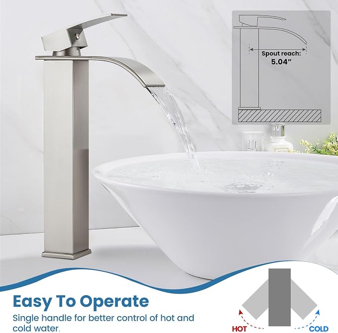 Airuida Vessel Sink Faucet Brushed Nickel, Tall Waterfall Bathroom Single - Image 3