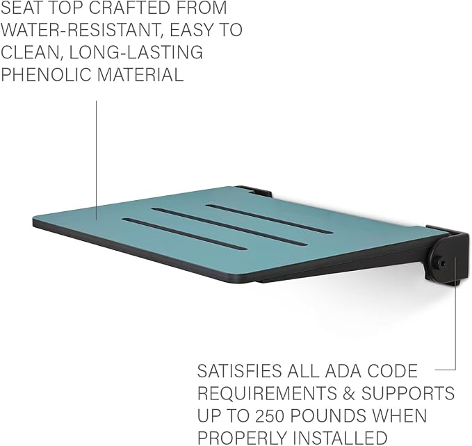 18 inch Silhouette Slimline Folding Wall Mount Shower Bench Seat, Teal Seat - Image 4