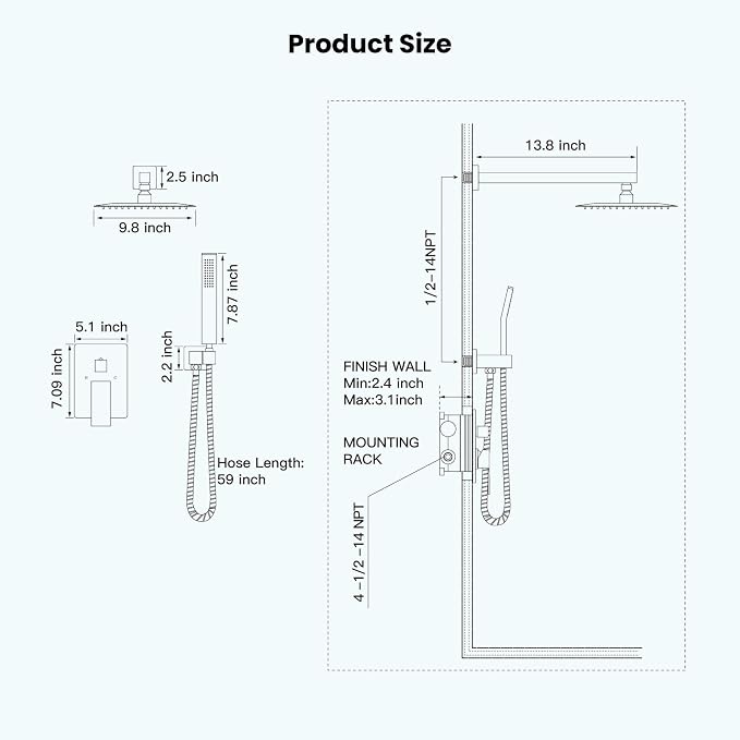 gotonovo Rainfall Bathroom Shower System Rain Shower Head and Handle Set Wall - Image 9
