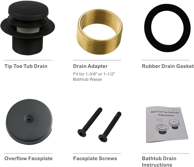Black Tub Drain Tip-Toe Tub Trim Set Conversion Kit Assembly, Hidrop Bathtub - Image 5
