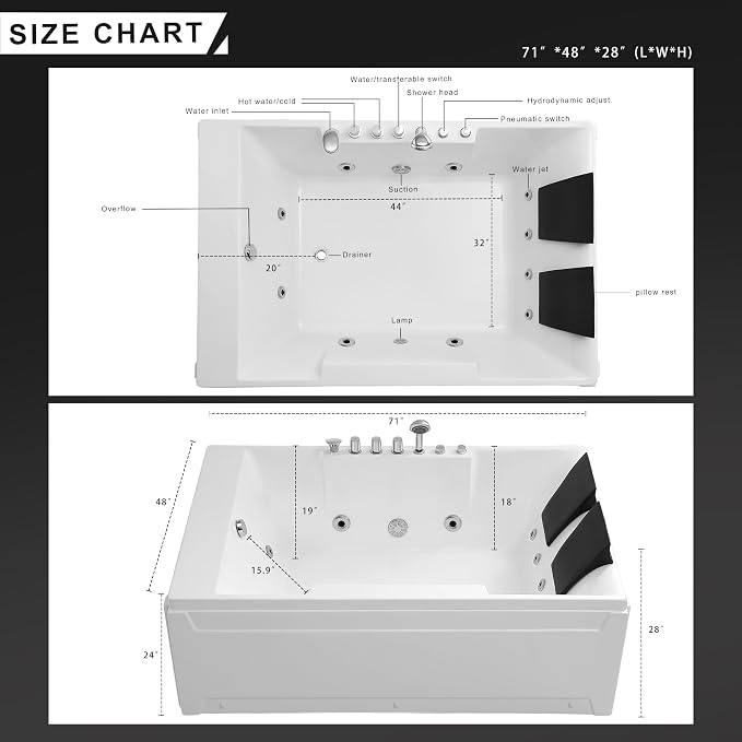 Empava 1125W Whirlpool Tub, Hydro Massage & Chromatherapy, ETL Certified - Image 6