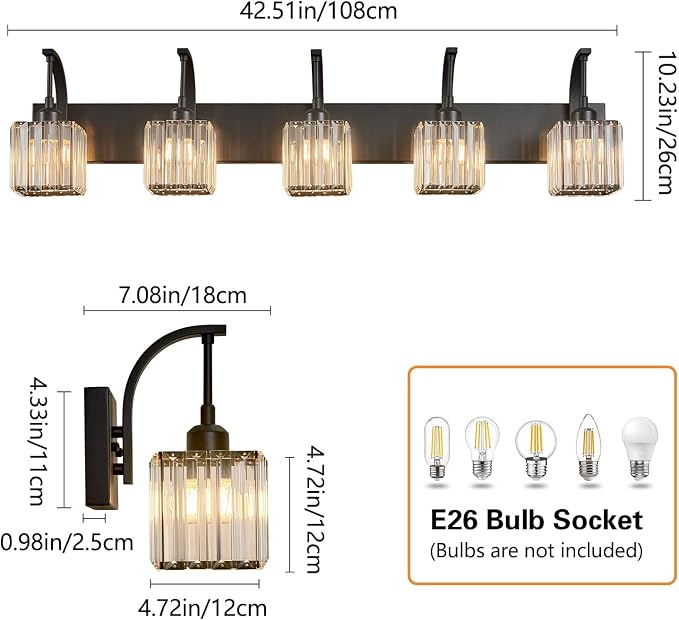 5-Light Crystal Vanity Light, Modern Black Bathroom Wall Sconce - Image 4