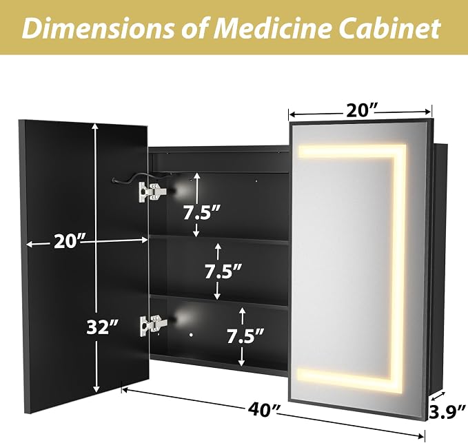 APRILSOUL 40X32 Inch Black Bathroom Medicine Cabinet - Image 4