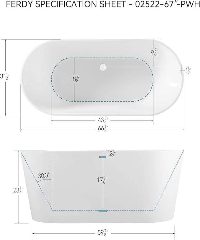 FerdY Shangri-La 67" Acrylic Freestanding Bathtub, Classic Oval Shape Acrylic - Image 7