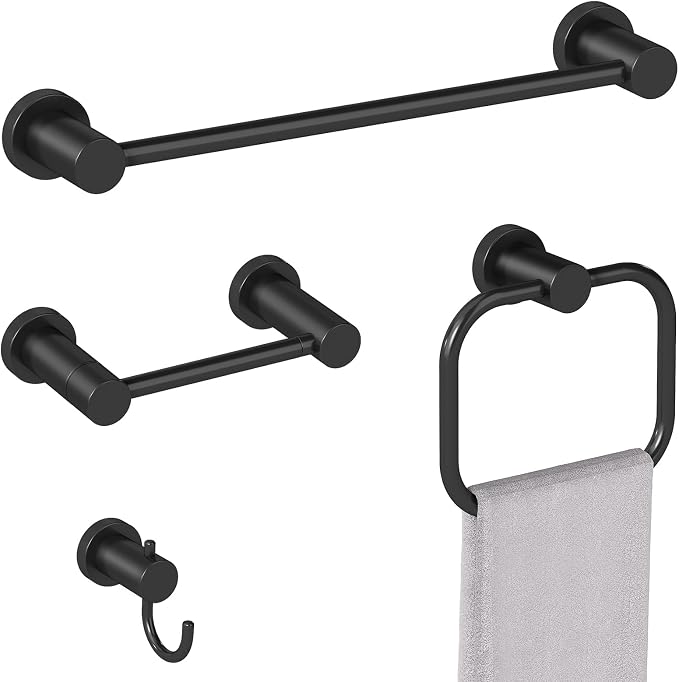 4-Pieces Bathroom Hardware Set Black, Stainless Steel 16 Inch Towel Bar Set by STWWO