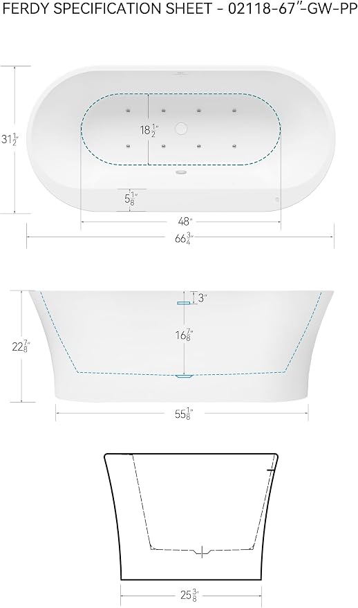 FerdY Mauritius 67 Inch Acrylic Freestanding Whirlpool Bathtub, Oval - Image 7