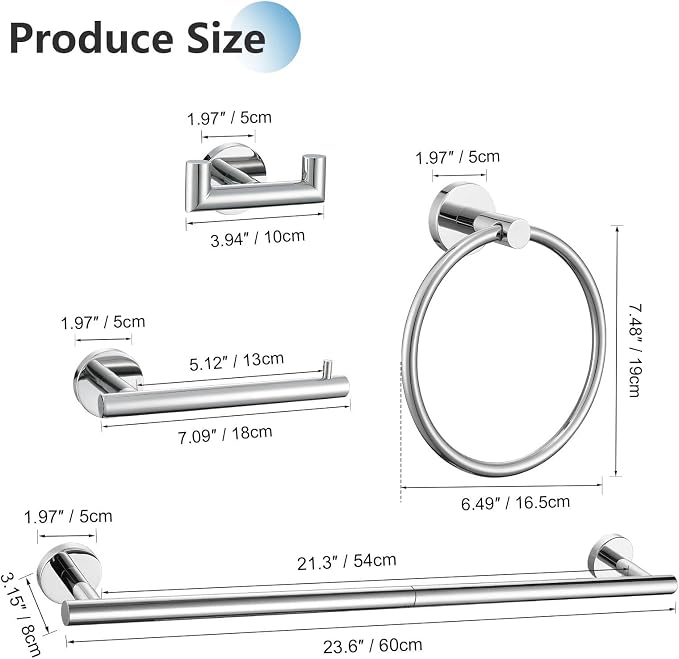 TNOMS 5-Piece Towel Bar Set Polished Chrome Bathroom Hardware Set Upgraded - Image 6