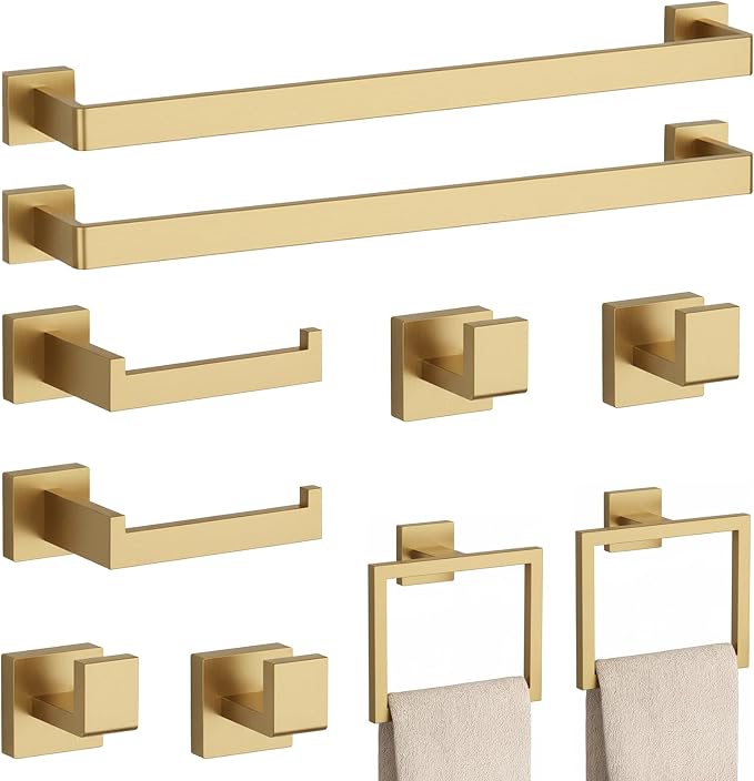 10-Piece Brushed Gold Bathroom Accessories Set – 23.6" Towel Bar, Towel Ring by PNWNNHInc