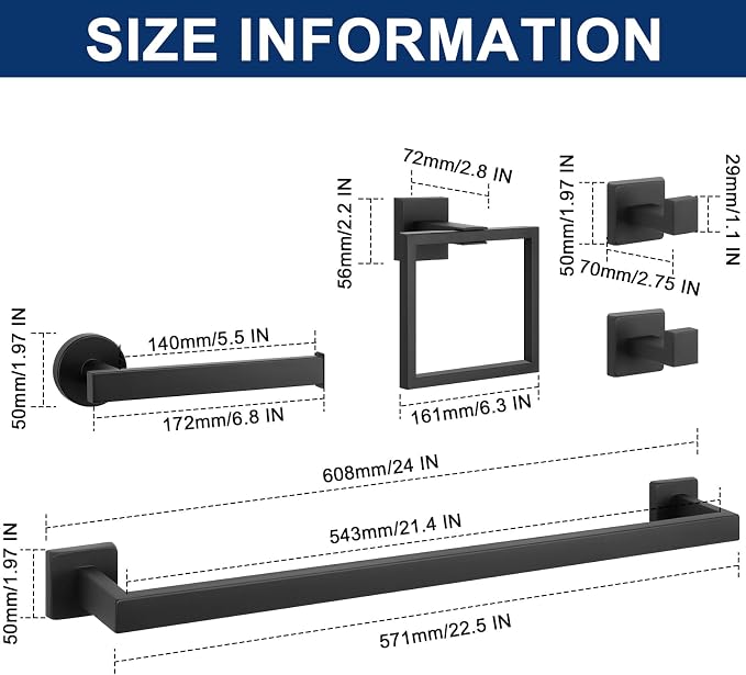 NearMoon 5 Pieces Bathroom Hardware Set 304 Stainless Steel, Square Towel Rack - Image 2