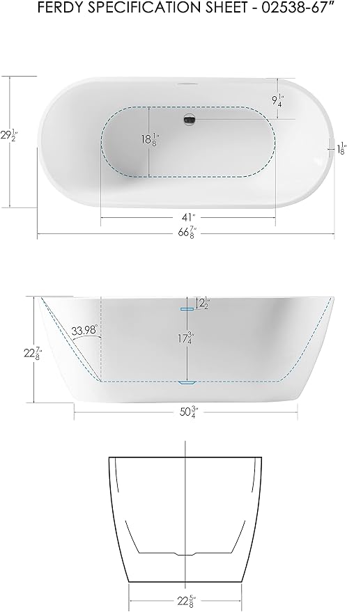 FerdY Nauru 67" Acrylic Freestanding Bathtub, Ergonomic Lightweight Classic - Image 5