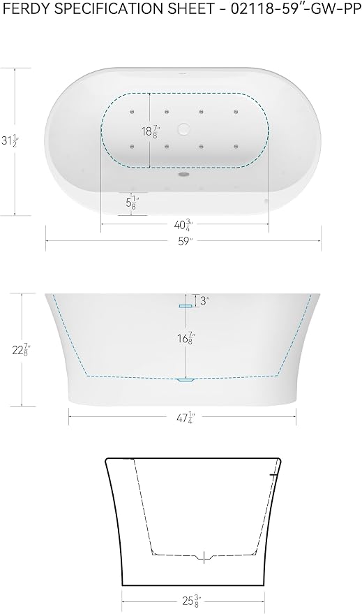 FerdY Mauritius 59 Inch Acrylic Freestanding Whirlpool Bathtub, Oval - Image 7