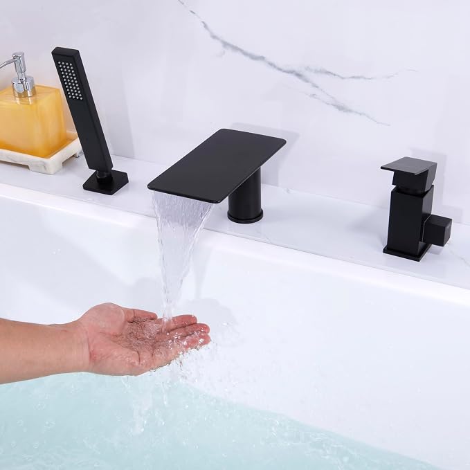 Roman Tub Faucet with Hand Shower, Matte Black Deck Mount Waterfall Tub Faucet - Image 2