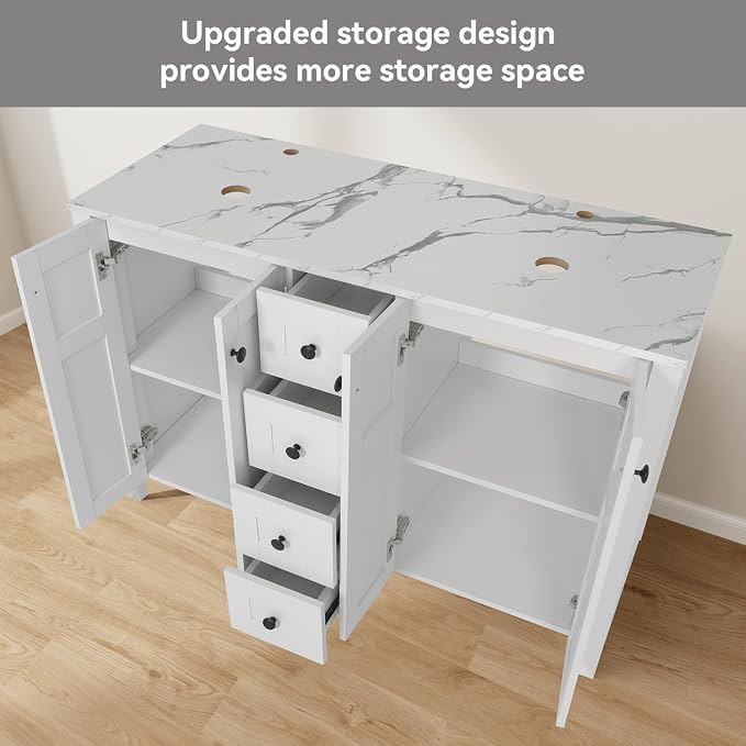 48" White Bathroom Vanity with Marble Texture Top and 4 Drawers, Modern - Image 3