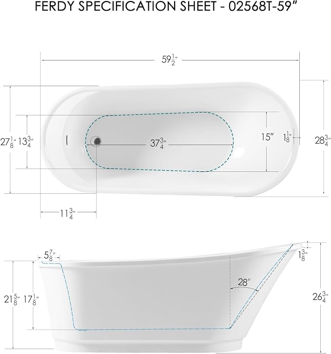 FerdY Langkawi 59" Acrylic Freestanding Bathtub, cUPC Certified, Chrome Drain - Image 5