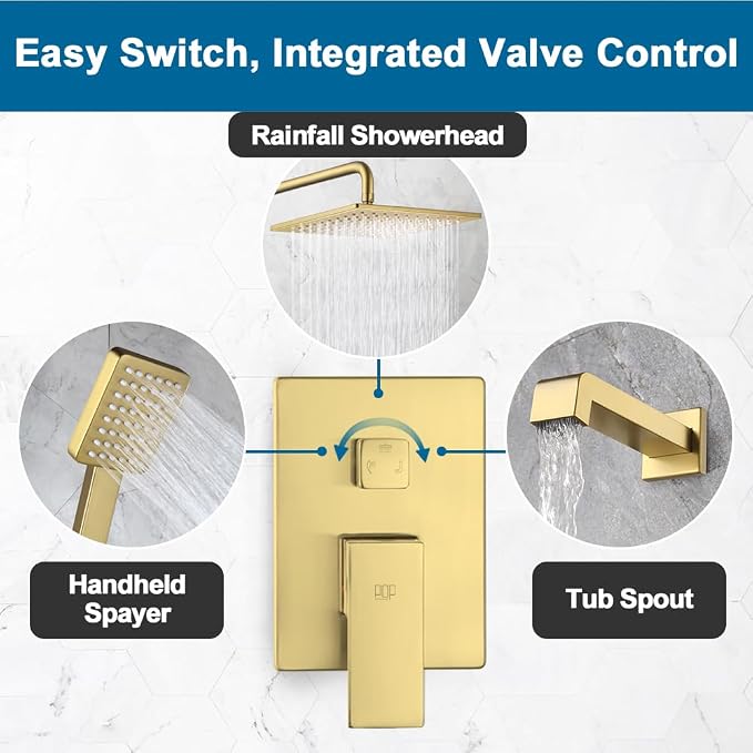 POP SANITARYWARE Shower Tub Faucet Set Brushed Gold Bathroom Rain Shower System - Image 6