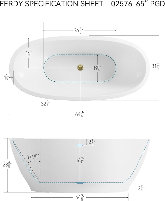 FerdY Koh Samui 65" Freestanding Bathtub, Elegant Oval Shape, Double Walled - Image 7