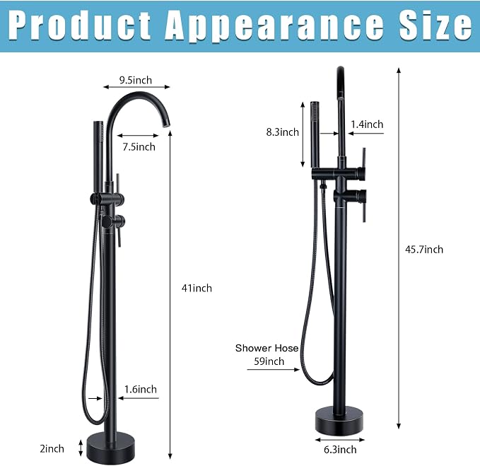 Floor Mount Bathtub Faucet，Matte Black，Freestanding Tub Faucet ，High Flow Dual - Image 6