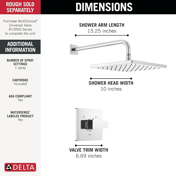 Delta Modern 14 Series Square Rain Shower Faucet Set, Chrome Shower Head and - Image 3