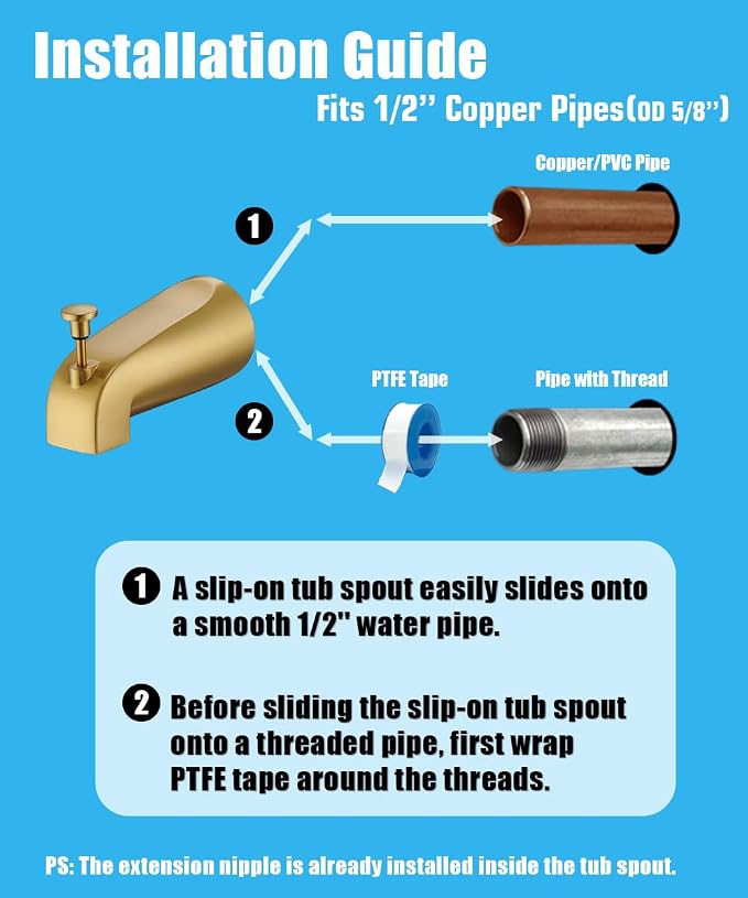 Tub Spout with Diverter, Slip On Bathtub Spout Fits 1/2'' Copper Tube, Bathroom - Image 7