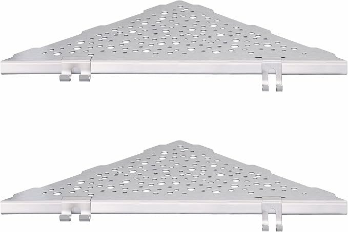 Shower Corner Shelf with 4 Hooks, No-Drill 10" Brushed Nickel 304 Stainless by WELLUP