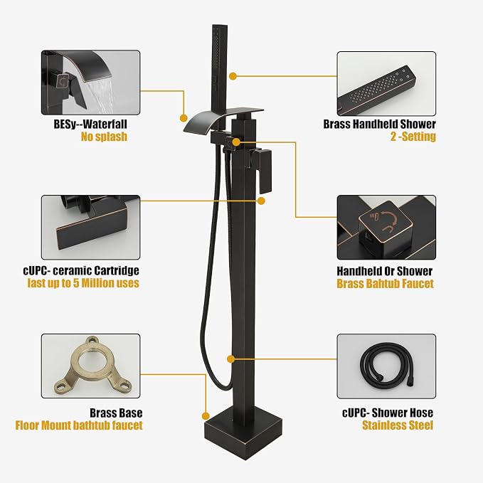 BESy Freestanding Tub Faucet Oil Rubbed Bronze Floor Mounted Tub Filler Faucet - Image 4
