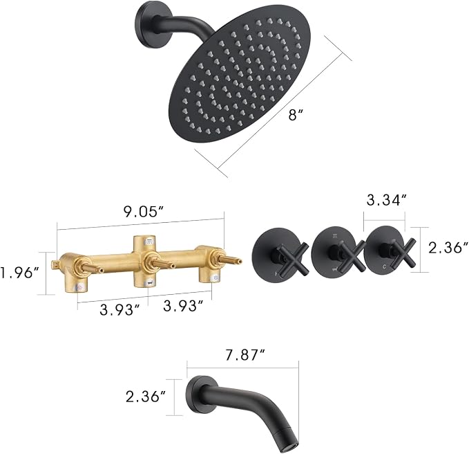 PROOX 3 Handle Tub Shower Faucet Set, Matte Black Bathtub Shower Faucets - Image 7