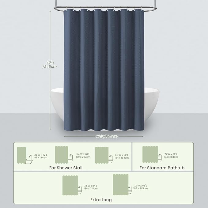 Inhousolu Fabric Shower Curtain Waffle Weave, Weighted Hem, 14 Metal Hooks - Image 6
