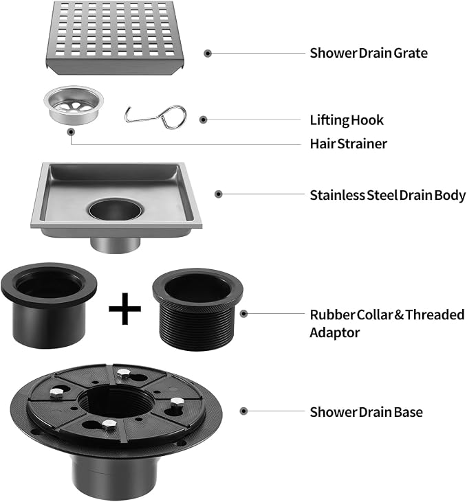 Shower Drain, Chrome 6 inch Square Shower Floor Drain - Image 2