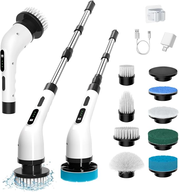 Electric Spin Scrubber for Cleaning, 9 in 1 Changeable Bathroom Scrubber by ELEBUILD
