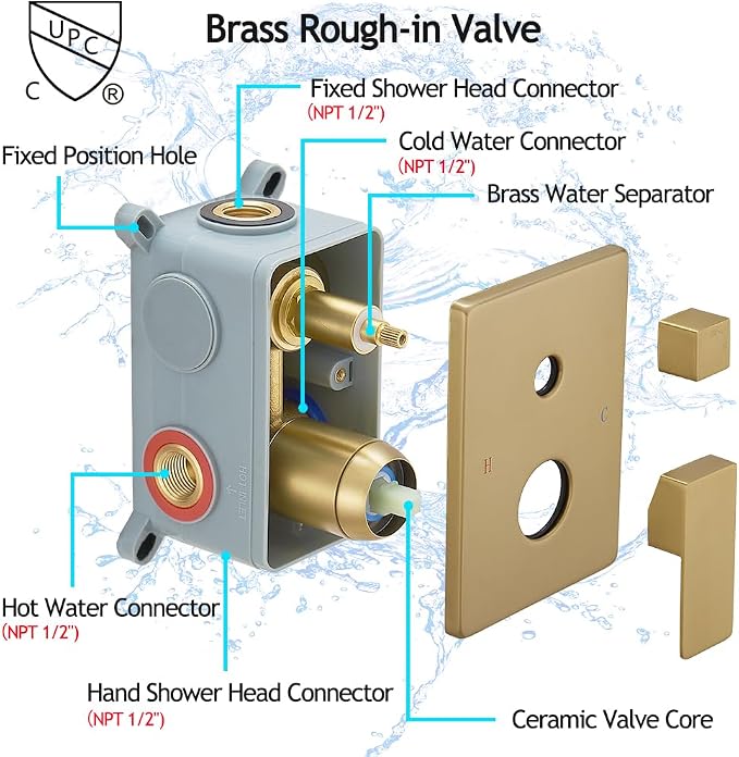 Brushed Gold Shower System, 8 Inch High Pressure Rain Shower - Image 5