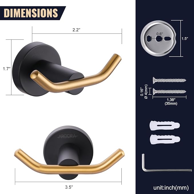 ARCORA Towel Hooks Black and Gold, SUS 304 Stainless Steel Wall Hooks, Heavy - Image 6