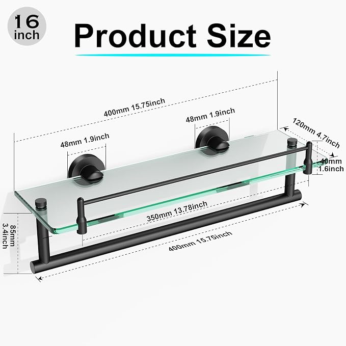 Bathroom Towel Rack with Tempered Glass Shelf 16 Inch, Matte Black Floating - Image 3