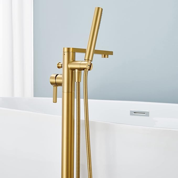 Freestanding Bathtub Faucet Tub Filler Brushed Gold Floor Mount Brass Single - Image 5