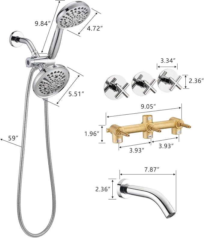 PROOX 3 Handle Tub Shower Faucet Set, Dual shower head Combo - Image 8
