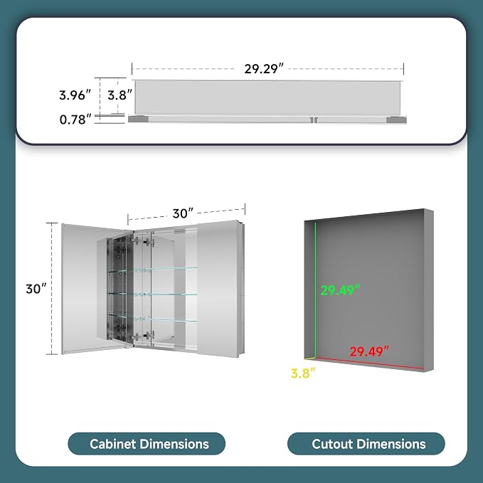 30"x30" Medicine Cabinet Mirror, Aluminum Silver Recessed Medicine Cabinet - Image 2