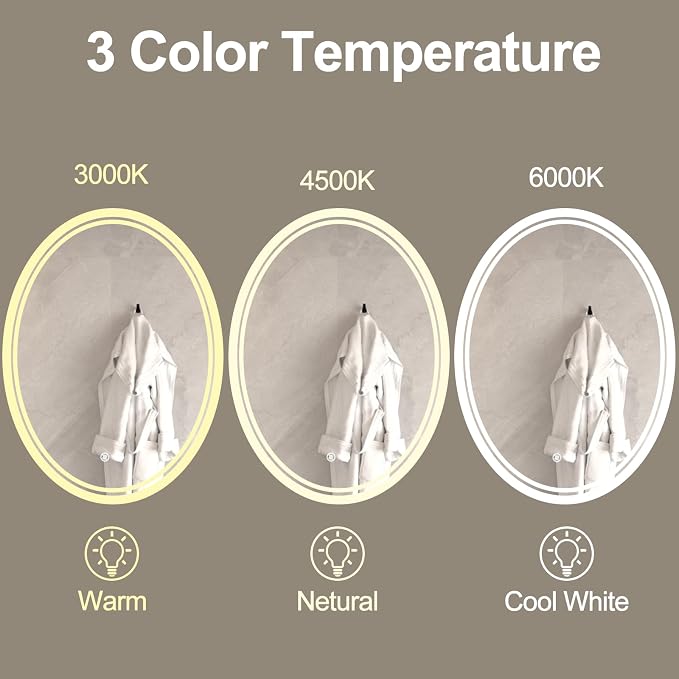 28 x 20 inch Oval LED Bathroom Mirror Anti-Fog 3 Colors Light Dimmable Wall - Image 2