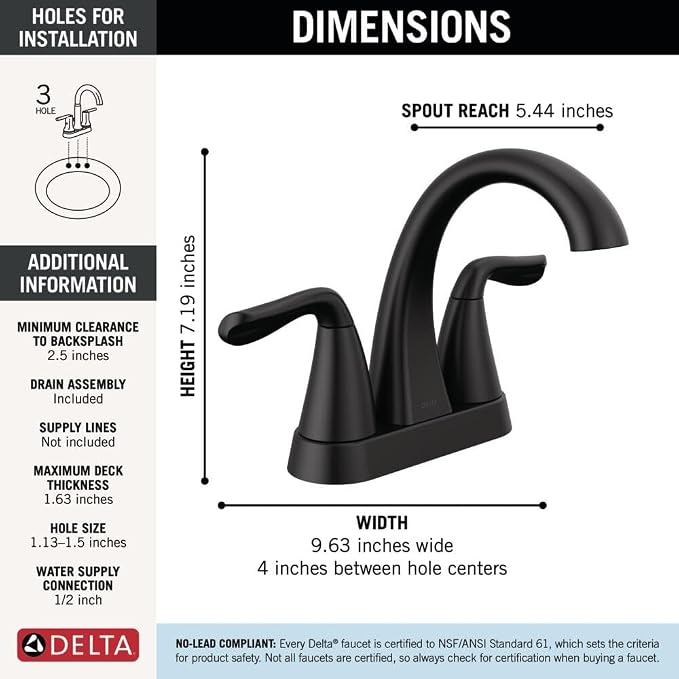 Delta Arvo Centerset Bathroom Faucet, Matte Black 2-Handle Bathroom Faucet - Image 5