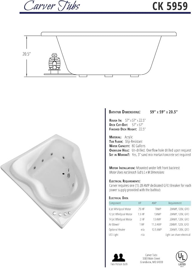 Carver Tubs - CK5959 - Modern Acrylic Fiberglass Soaking Corner Bathtub - Image 6