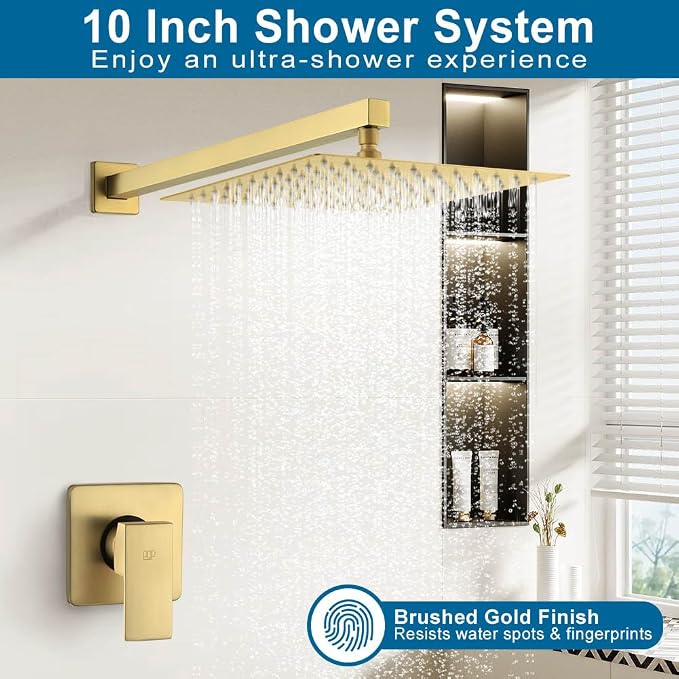 POP SANITARYWARE Shower Faucet Set Brushed Gold Bathroom Rainfall 10 Inch - Image 2