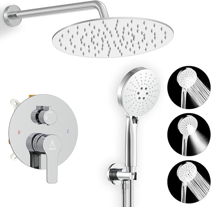 Shower Faucet Set 10IN Brass Rough-In Valve Body Trim Kit Rainfall Included by JQBQS