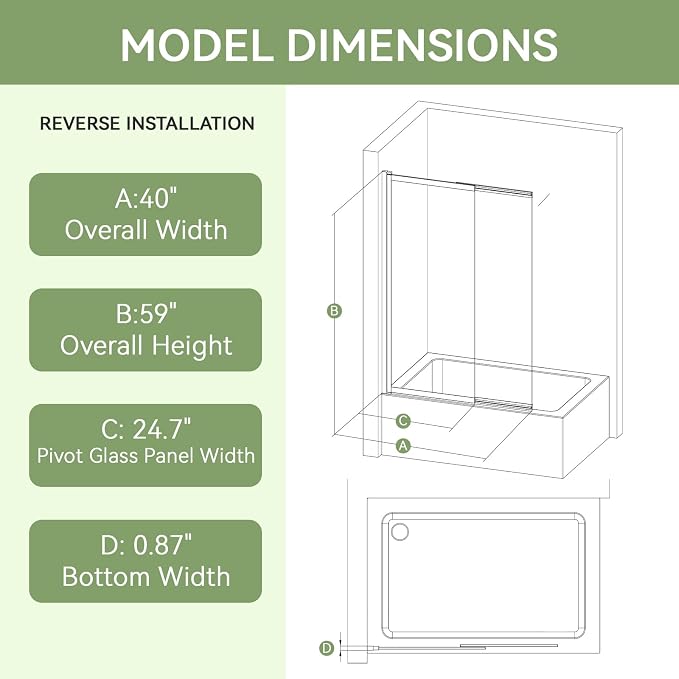 Tub Shower Door 40" W x 59" H, Pivot Bathtub Glass Door, 180° Swing & Sliding - Image 2