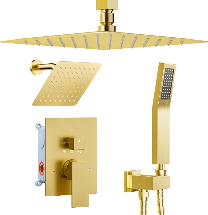 Brushed Gold Shower System, STARBATH 12+6" Rain Shower Head and Handle Set by STARBATH
