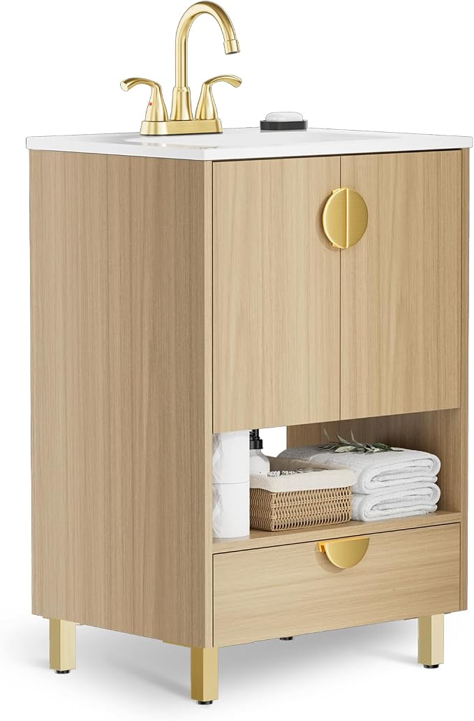 phiestina Fully Pre-Assembled 24 Inch Bathroom Vanity, Freestanding Oak by Phiestina